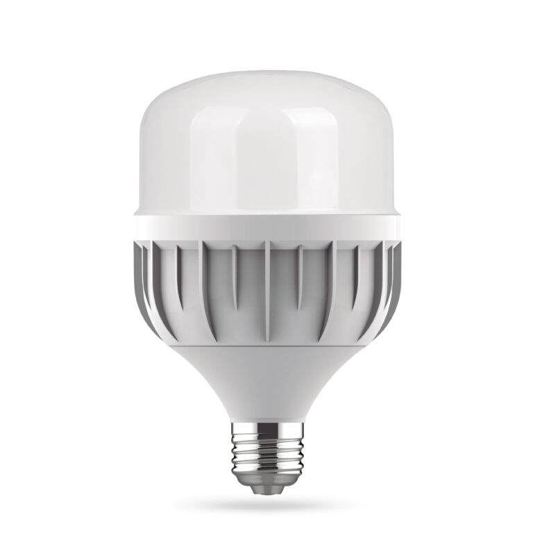 Bombillo LED de alta potencia con diseño compacto y eficiente, ideal para iluminación industrial y comercial. Compatible con portalámparas estándar E27, esta bombilla ofrece una larga vida útil y un consumo energético reducido, perfecta para sustituir bombillos incandescentes o fluorescentes.