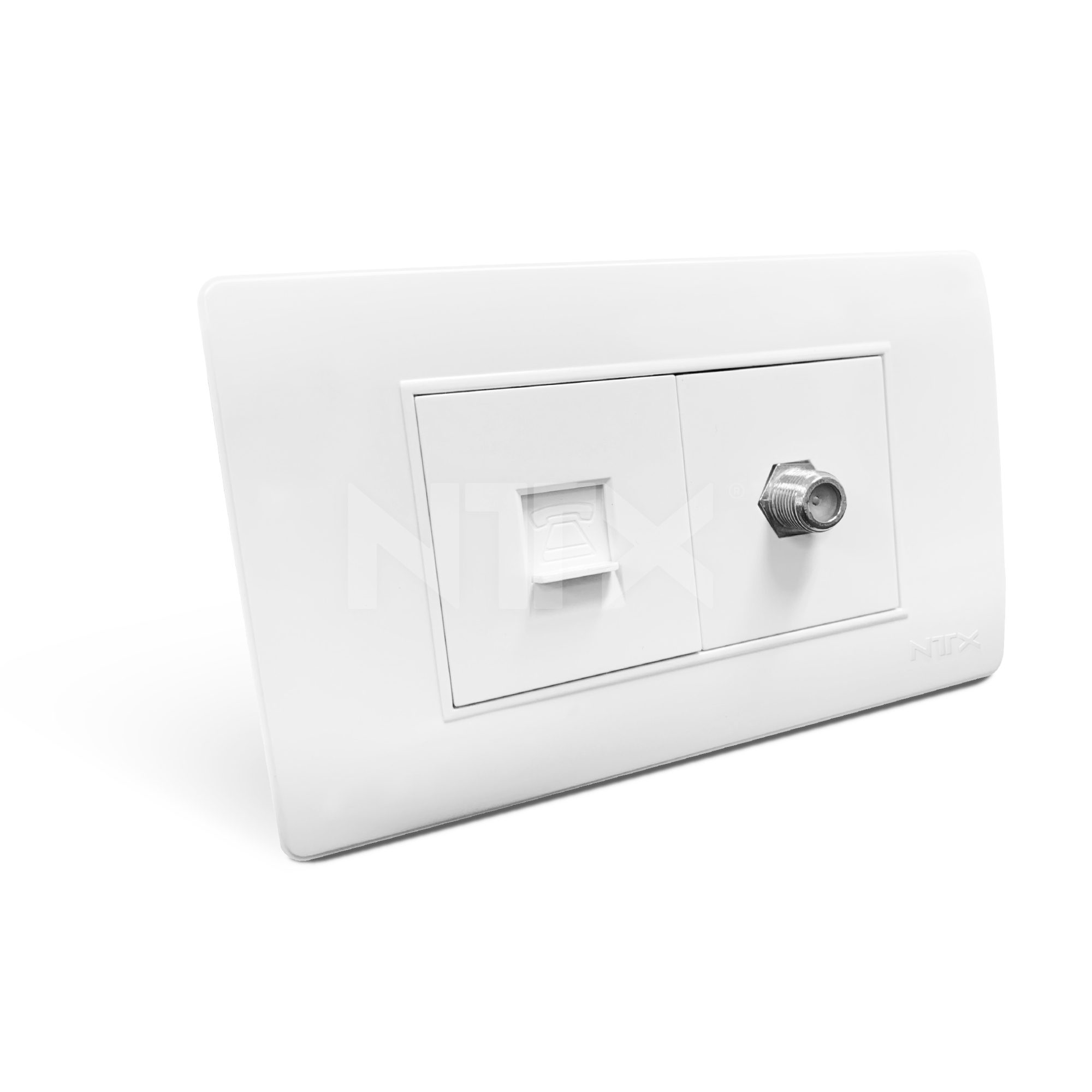 Toma Coaxial + Toma Teléfono RJ11 – Solución combinada para TV y telefonía Toma Televisión y Toma Teléfono RJ11 – Conexión coaxial y telefónica en un solo dispositivo