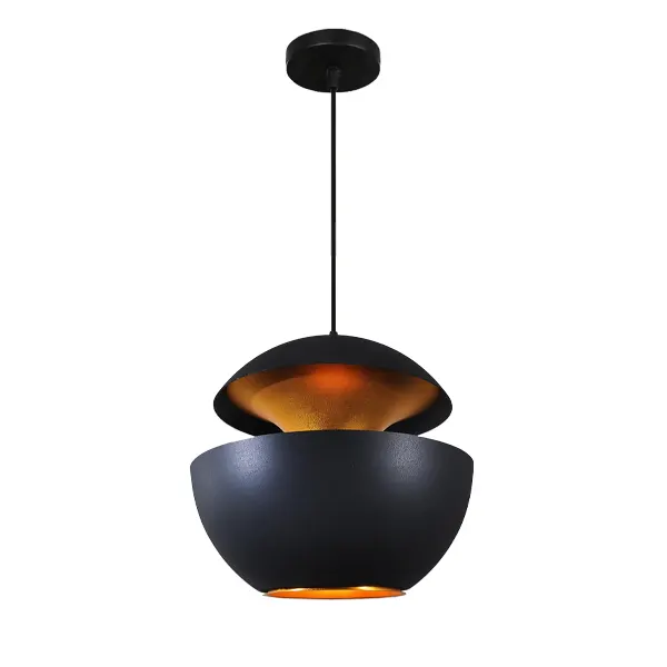 Luminaria colgante moderna con diseño en capas redonda, ideal para iluminación decorativa en interiores, con acabado en negro mate y detalles dorados en su interior ecolite sas